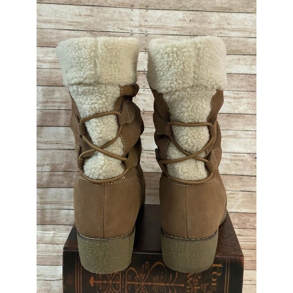 Lands End Cognac Brown Suede Leather Faux Fur Boots Size 10 Women’s Sherpa Wedge - Picture 4 of 7